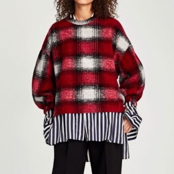 Zara Sweaters - Zara Top Red Plaid Sweater Size Small